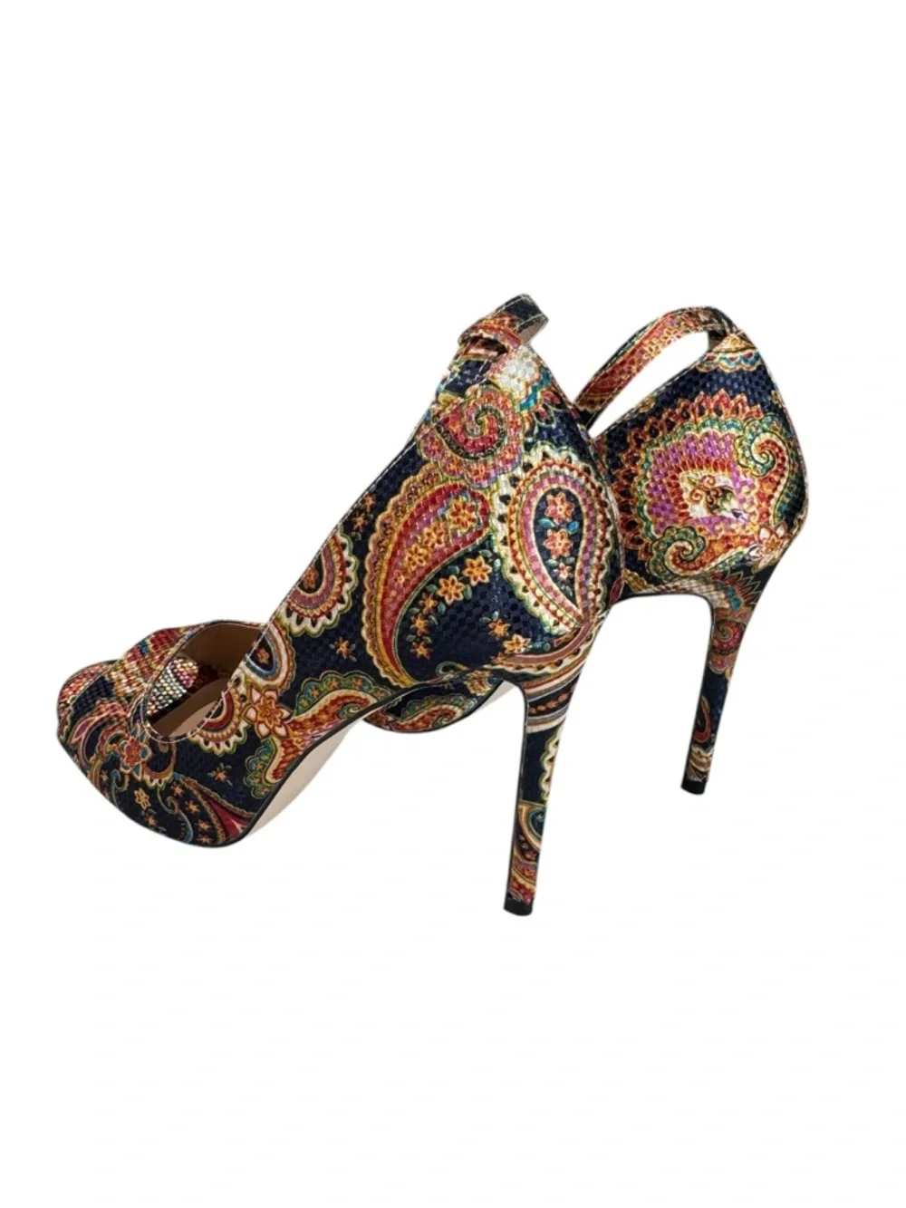 Jolimall Paisley Blue Yellow Orange Pink Ankle-Strap Peep-Toe Heels Size 9 - Picture 7 of 11